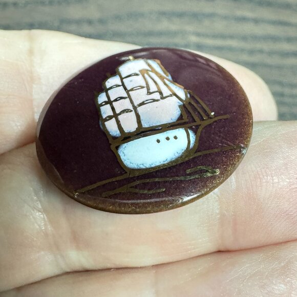 Vintage Copper Enamel Art Brooch of a Sailing Ship Signed Claude Perrier *read* - Picture 3 of 6